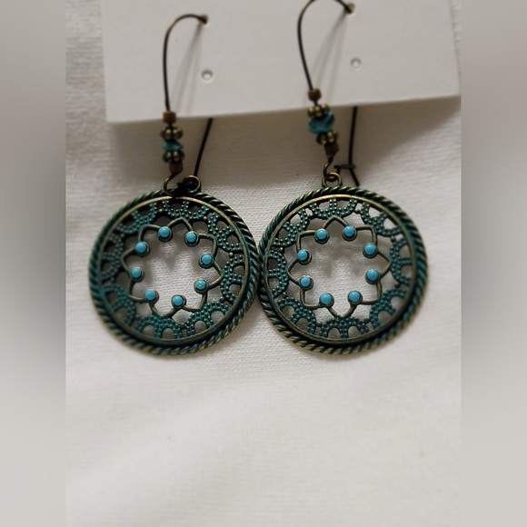 Vintage Bohemian Turquoise Bronze Retro Hook Dangle Earrings - Picture 4 of 5